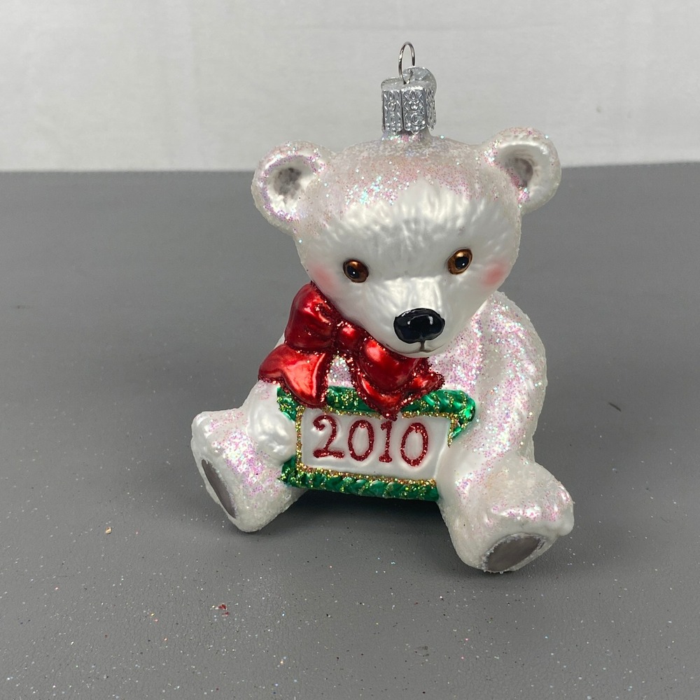 Old World Christmas 2010 Polar Bear Cub Glass Holiday Ornament White Glitter